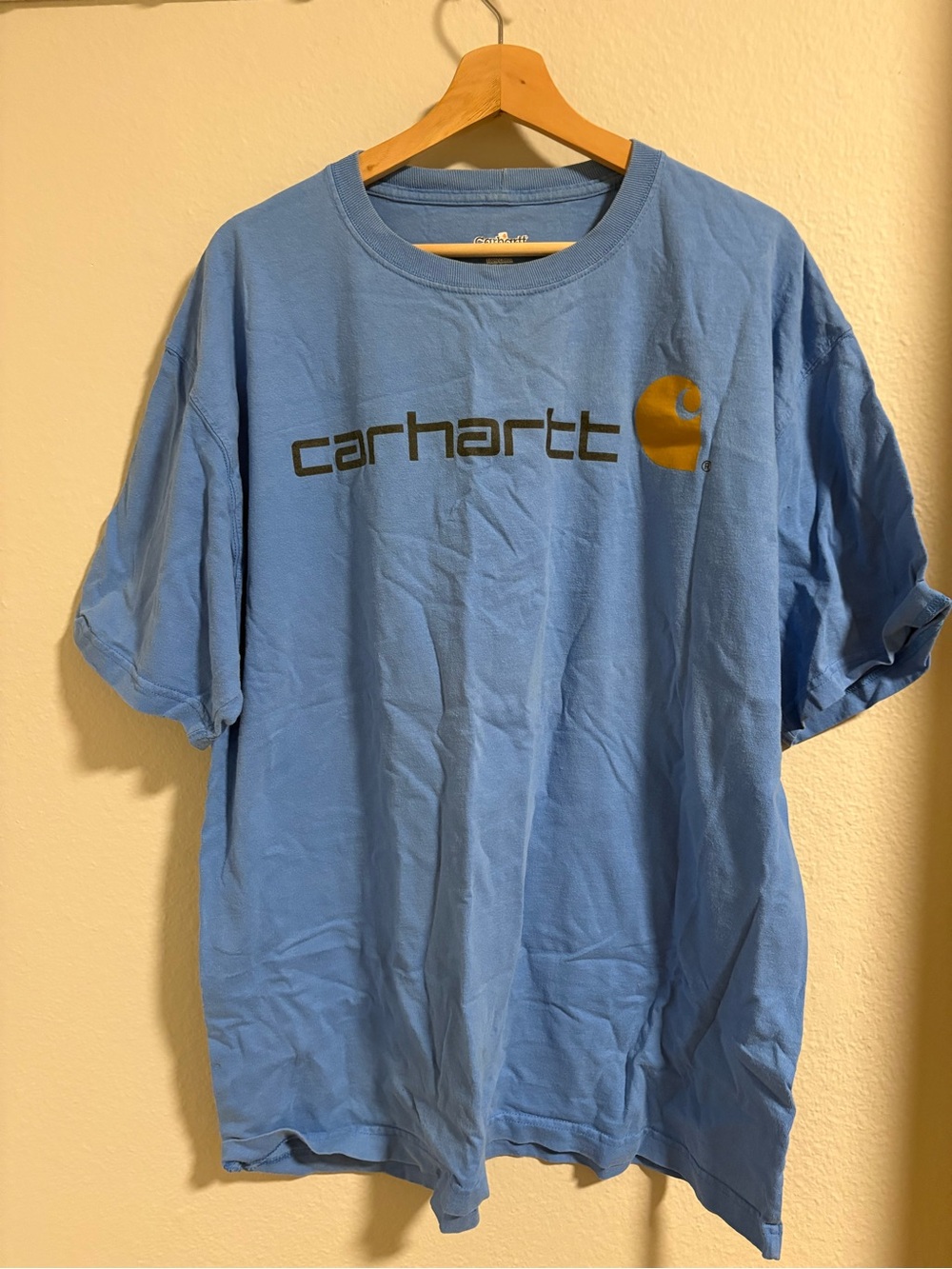 Carhartt Men's Sky Blue Logo Tee with Gold Emblem